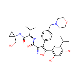 CC(C)c1cc(-c2onc(C(=O)N[C@@H](C(=O)NC3(CO)CC3)C(C)C)c2-c2ccc(CN3CCOCC3)cc2)c(O)cc1O ZINC001772650903