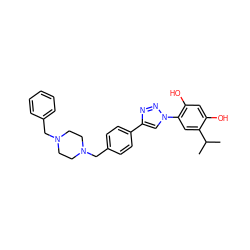 CC(C)c1cc(-n2cc(-c3ccc(CN4CCN(Cc5ccccc5)CC4)cc3)nn2)c(O)cc1O ZINC000169311396