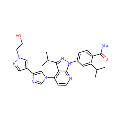 CC(C)c1cc(-n2nc(C(C)C)c3c(-n4cnc(-c5cnn(CCO)c5)c4)ccnc32)ccc1C(N)=O ZINC000169703551