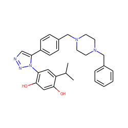 CC(C)c1cc(-n2nncc2-c2ccc(CN3CCN(Cc4ccccc4)CC3)cc2)c(O)cc1O ZINC000169311403