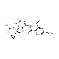 CC(C)c1cc(C#N)cnc1C(=O)Nc1ccc(F)c([C@@]2(C(F)F)N=C(N)O[C@@H]3C[C@@H]32)c1 ZINC000226077146