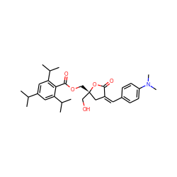 CC(C)c1cc(C(C)C)c(C(=O)OC[C@]2(CO)C/C(=C/c3ccc(N(C)C)cc3)C(=O)O2)c(C(C)C)c1 ZINC000040874324