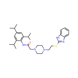 CC(C)c1cc(C(C)C)c(NC(=O)CN2CCN(CCSc3nc4ccccc4[nH]3)CC2)c(C(C)C)c1 ZINC000145197213