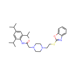 CC(C)c1cc(C(C)C)c(NC(=O)CN2CCN(CCSc3nc4ccccc4o3)CC2)c(C(C)C)c1 ZINC000163591650