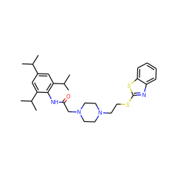 CC(C)c1cc(C(C)C)c(NC(=O)CN2CCN(CCSc3nc4ccccc4s3)CC2)c(C(C)C)c1 ZINC000163588756