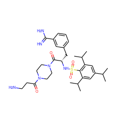 CC(C)c1cc(C(C)C)c(S(=O)(=O)N[C@@H](Cc2cccc(C(=N)N)c2)C(=O)N2CCN(C(=O)CCN)CC2)c(C(C)C)c1 ZINC000014881108