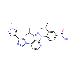 CC(C)c1cc(C(N)=O)ccc1-n1nc(C(C)C)c2c(-n3cnc(-c4cnn(C)c4)c3)ccnc21 ZINC000169703511