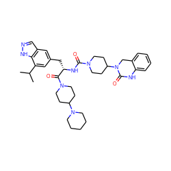 CC(C)c1cc(C[C@H](NC(=O)N2CCC(N3Cc4ccccc4NC3=O)CC2)C(=O)N2CCC(N3CCCCC3)CC2)cc2cn[nH]c12 ZINC000095587270