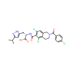 CC(C)c1cc(C[C@H](NC(=O)c2c(Cl)cc3c(c2Cl)CCN(C(=O)c2ccc(Cl)cc2)C3)C(=O)O)[nH]n1 ZINC000066111786