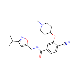 CC(C)c1cc(CNC(=O)c2ccc(C#N)c(OC3CCN(C)CC3)c2)on1 ZINC001772629712