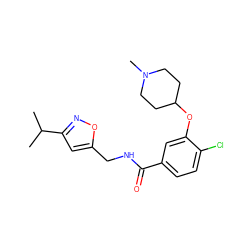 CC(C)c1cc(CNC(=O)c2ccc(Cl)c(OC3CCN(C)CC3)c2)on1 ZINC000675050432