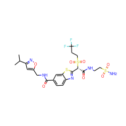 CC(C)c1cc(CNC(=O)c2ccc3nc([C@@H](C(=O)NCCS(N)(=O)=O)S(=O)(=O)CCC(F)(F)F)sc3c2)on1 ZINC000261104252