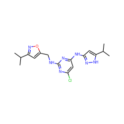 CC(C)c1cc(CNc2nc(Cl)cc(Nc3cc(C(C)C)[nH]n3)n2)on1 ZINC000140861206