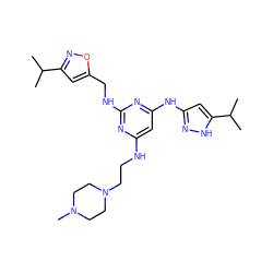 CC(C)c1cc(CNc2nc(NCCN3CCN(C)CC3)cc(Nc3cc(C(C)C)[nH]n3)n2)on1 ZINC000203003920