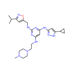 CC(C)c1cc(CNc2nc(NCCN3CCN(C)CC3)cc(Nc3cc(C4CC4)[nH]n3)n2)on1 ZINC000203008012