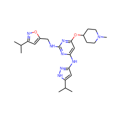 CC(C)c1cc(CNc2nc(Nc3cc(C(C)C)[nH]n3)cc(OC3CCN(C)CC3)n2)on1 ZINC000203005792