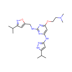 CC(C)c1cc(CNc2nc(Nc3cc(C(C)C)[nH]n3)cc(OCCN(C)C)n2)on1 ZINC000117124277