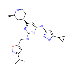 CC(C)c1cc(CNc2nc(Nc3cc(C4CC4)[nH]n3)cc([C@@H]3CCN[C@H](C)C3)n2)on1 ZINC000202670330