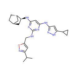 CC(C)c1cc(CNc2nc(Nc3cc(C4CC4)[nH]n3)cc(N[C@H]3C[C@H]4CC[C@H]3C4)n2)on1 ZINC001772623057