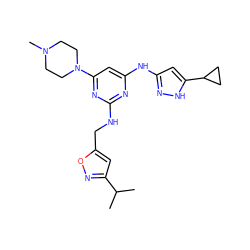 CC(C)c1cc(CNc2nc(Nc3cc(C4CC4)[nH]n3)cc(N3CCN(C)CC3)n2)on1 ZINC000203005669