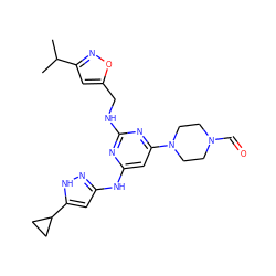 CC(C)c1cc(CNc2nc(Nc3cc(C4CC4)[nH]n3)cc(N3CCN(C=O)CC3)n2)on1 ZINC000117132538