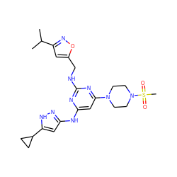 CC(C)c1cc(CNc2nc(Nc3cc(C4CC4)[nH]n3)cc(N3CCN(S(C)(=O)=O)CC3)n2)on1 ZINC000165047589