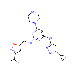 CC(C)c1cc(CNc2nc(Nc3cc(C4CC4)[nH]n3)cc(N3CCNCC3)n2)on1 ZINC000141953535