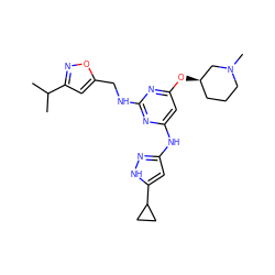 CC(C)c1cc(CNc2nc(Nc3cc(C4CC4)[nH]n3)cc(O[C@@H]3CCCN(C)C3)n2)on1 ZINC000203008203