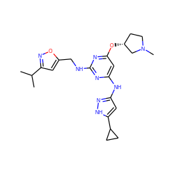 CC(C)c1cc(CNc2nc(Nc3cc(C4CC4)[nH]n3)cc(O[C@@H]3CCN(C)C3)n2)on1 ZINC000203006752