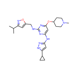 CC(C)c1cc(CNc2nc(Nc3cc(C4CC4)[nH]n3)cc(OC3CCN(C)CC3)n2)on1 ZINC000203005901