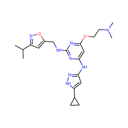 CC(C)c1cc(CNc2nc(Nc3cc(C4CC4)[nH]n3)cc(OCCN(C)C)n2)on1 ZINC000166354900