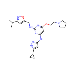 CC(C)c1cc(CNc2nc(Nc3cc(C4CC4)[nH]n3)cc(OCCN3CCCC3)n2)on1 ZINC000141205382