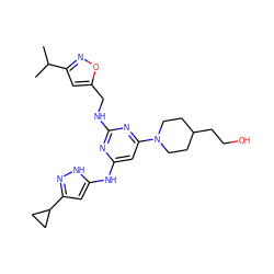 CC(C)c1cc(CNc2nc(Nc3cc(C4CC4)n[nH]3)cc(N3CCC(CCO)CC3)n2)on1 ZINC000117127144