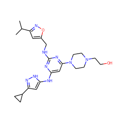 CC(C)c1cc(CNc2nc(Nc3cc(C4CC4)n[nH]3)cc(N3CCN(CCO)CC3)n2)on1 ZINC000117121290