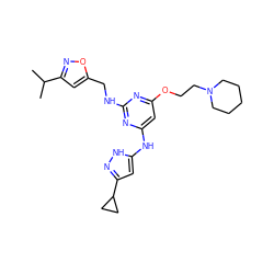 CC(C)c1cc(CNc2nc(Nc3cc(C4CC4)n[nH]3)cc(OCCN3CCCCC3)n2)on1 ZINC000139607773