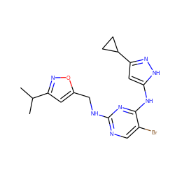 CC(C)c1cc(CNc2ncc(Br)c(Nc3cc(C4CC4)n[nH]3)n2)on1 ZINC000035984103