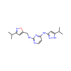 CC(C)c1cc(CNc2nccc(Nc3cc(C(C)C)[nH]n3)n2)on1 ZINC000167140604