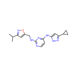 CC(C)c1cc(CNc2nccc(Nc3cc(C4CC4)n[nH]3)n2)on1 ZINC000035965673