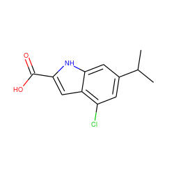 CC(C)c1cc(Cl)c2cc(C(=O)O)[nH]c2c1 ZINC001772652206