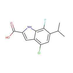 CC(C)c1cc(Cl)c2cc(C(=O)O)[nH]c2c1F ZINC001772647248