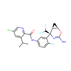 CC(C)c1cc(Cl)cnc1C(=O)Nc1ccc(F)c([C@@]2(C(F)F)N=C(N)O[C@@H]3C[C@@H]32)c1 ZINC000226110339