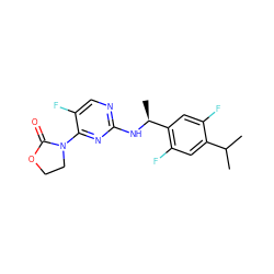 CC(C)c1cc(F)c([C@H](C)Nc2ncc(F)c(N3CCOC3=O)n2)cc1F ZINC000142096627