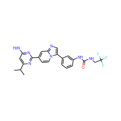 CC(C)c1cc(N)nc(-c2ccn3c(-c4cccc(NC(=O)NCC(F)(F)F)c4)cnc3c2)n1 ZINC000169704764