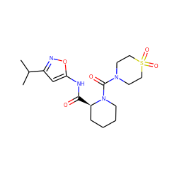 CC(C)c1cc(NC(=O)[C@@H]2CCCCN2C(=O)N2CCS(=O)(=O)CC2)on1 ZINC000200017465