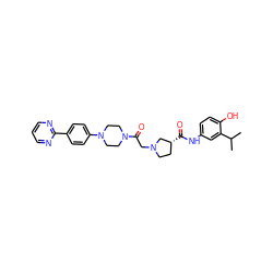 CC(C)c1cc(NC(=O)[C@@H]2CCN(CC(=O)N3CCN(c4ccc(-c5ncccn5)cc4)CC3)C2)ccc1O ZINC000148790029