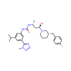 CC(C)c1cc(NC(=O)N[C@H](C)C[C@@H](O)N2CCC[C@@H](Cc3ccc(F)cc3)C2)cc(-c2nnnn2C)c1 ZINC000029129671