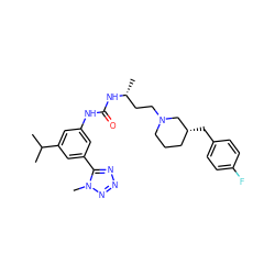 CC(C)c1cc(NC(=O)N[C@H](C)CCN2CCC[C@@H](Cc3ccc(F)cc3)C2)cc(-c2nnnn2C)c1 ZINC000029129159