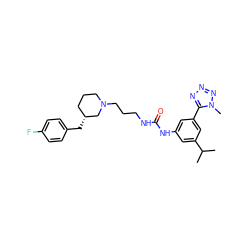 CC(C)c1cc(NC(=O)NCCCN2CCC[C@@H](Cc3ccc(F)cc3)C2)cc(-c2nnnn2C)c1 ZINC000029129158