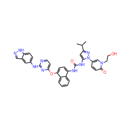 CC(C)c1cc(NC(=O)Nc2ccc(Oc3ccnc(Nc4ccc5[nH]ncc5c4)n3)c3ccccc23)n(-c2ccc(=O)n(CCO)c2)n1 ZINC000211101416