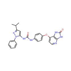 CC(C)c1cc(NC(=O)Nc2ccc(Oc3ccnc4[nH]c(=O)[nH]c34)cc2)n(-c2ccccc2)n1 ZINC000049114283